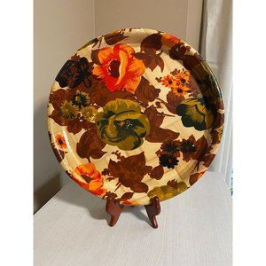 13" Vintage Floral Bamboo Tray Orange Brown Yellow Green - 1 piece